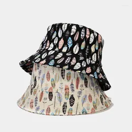 Berets Summer Cotton Bucket Hat Feather Printing Men Women Outdoor Hip Hop Foldable Bob Casual Travel Gorros Fisherman Sun ZZ-465Berets Oliv