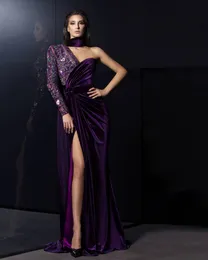 Skromne Purple Prom Dresses One Ramię Kryształy Suknia Wieczorowa Custom Made Zroszony Side Split High Party Suknia z Wrap Royal