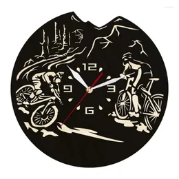 Relógios de parede Ciclismo de madeira Relógio redondo de madeira para quarto sala de estar de mountain bike de arte natural de bicicleta de bicicleta de bicicleta