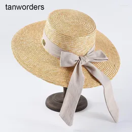 قبعات واسعة الحافة عرض القمح القمح القمح القمح القبعة نساء الشمس شاطئ البانما للسيدة Bowknot Ribbon Holiday Sombreros de sol Fedora Elob22