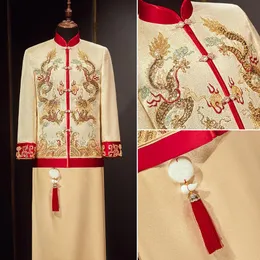 エスニック服到着男性中国風の衣装新郎ドレスジャケットロングガウン伝統的な結婚式の袍メンズエスニック