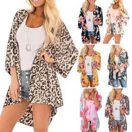 Frauen Floral Leopard Print Halbarm Schal Chiffon Kimono Strand Strickjacke Bikini Cover Up Wrap Beachwear Outdoor Anti UV Mantel 220524