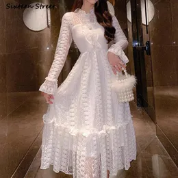 Casual Dresses White Lace Dress Woman Elastic Bust Elegant Maxi Vestido Clothing Flare Sleeve Vintage Bridesmaid Party Female