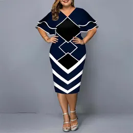 Plus Size Women Clothing Casual V Neck Geometric Printed Layered Bell Sleeve Women's A Line Dresses Holiday 3x4x Aesthetic 220527