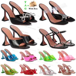 Lyxkvinnor High Heeled Sandals Authentic Amina Muaddi Black Pink Green Crystal Diamond Famous Designer Sandales Ladies Fashion Heel Begum Summer Slipper