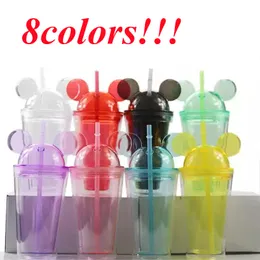 8Colors !! Mus ear tumbler 15oz akryl tumblers plast dricka kopp med kupol lock dubbel vägg rån med färgstarka halm sommar dryck koppar