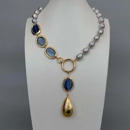 Pearl Freshwater Cultured Oval Blue Kyanite Borstade pärlor Pendant Halsband 19