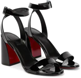 Klänningskor Paris Red Sandal Shoes Miss Sabina 85mm Patent Leather Ankle-rem Sandaler Kvinnor Svart Sandal Chunky Heel Röds ensam Hög designersko 35-43 med låda