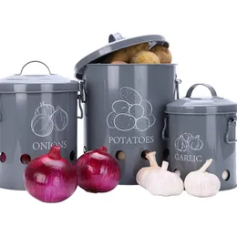 3 Pcs Food Container Storage Bins Garlic Onions Potatoes Box Kitchen Breathable Metal Buckets Factory Custom Boxes Sets 201022