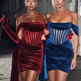 Bury Draping Off Shoulder Corset Dress Sexig Velvet Slim Bodycon Mini Dres Short Sleeve Fashion Evening Club Dres 220509