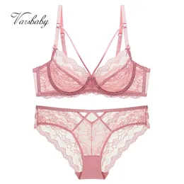 Varsbaby Sexy Plus Size Floral Lace Unlined Underwear Deep V Hollow 3/4 Cup Underwire ABCDE Cup Bra Set 220513