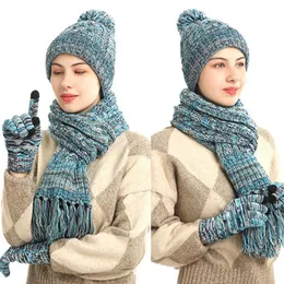 Basker kvinnor vinter 3 stycken mössa hatt tofs lång halsduk pekskärmhandskar.