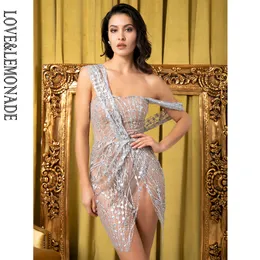 LOVELEMONADE Sexy Silbernes, trägerloses Sling-Cross-Style-Partykleid aus glitzerndem, geklebtem Material LM80366-1 220507