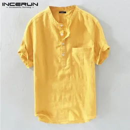 INCERUN Sommer Casual Männer Shirts Stehkragen Solide Baumwolle Bluse Kurzarm Streetwear Marke Shirts Harajuku Camisas Hombre 220527
