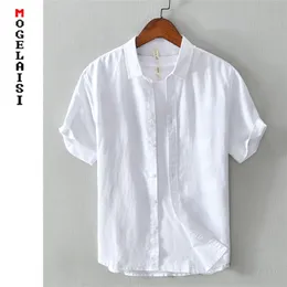 Белая рубашка мужчина летние с коротким рукавом дышащие льняные хлопковые топы сплошной высококачественной мужской одежды Camisa Masculina 566 220527