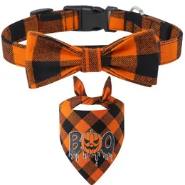 Halloween Dog Collars Breakaway Bandana Set Adjustable Plaid Bowtie and Scarf Triangle Bibs