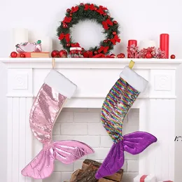 Christmas Sequins Stockings Mermaid Tail Hanging Bead Fish Stocking Holiday Decorations Gift Christmas Home Tree Decor JLA13506