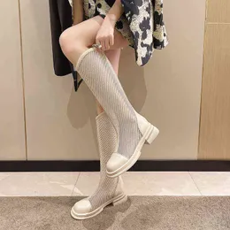 Knee Boots Women Designer Sexy Mesh Hollow Out Motorcycle Boots Summer Fashion Round Toe Chunky Heel Sandals Lady Platform Shoes 220401