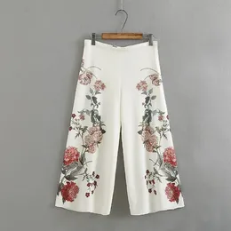New fashion women's loose capris pants flowers print white color high waist wide leg ninth trousers plus size SML