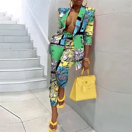 Kadınlar Uzun Kollu Ceket Ve Kalem Pantolon İki Parçalı Set Rahat Sonbahar Streetwear Düğme Takım Elbise Kadın Renkli Baskı Gevşek Yaka 220315