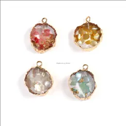 Andra smyckesfyndkomponenter Fashion Harts Round Stone Pendant Charm Natural Gemstone Shell Sequins MTI Color With Gold Plate DIY MAK