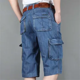 Sommar New Mens Jeans Denim Shorts Cotton Cargo Shorts Big Pocket Loose Baggy Wide Leg Broderi Bermuda Beach Boardshort