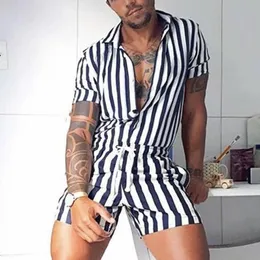 Men's Tracksuits Men Jumpsuit Stripe Drawstring Sexy Lapel Thin Tracksuit For Fitness Vertical Design Makes This Short Sleeve JumpsuMen's