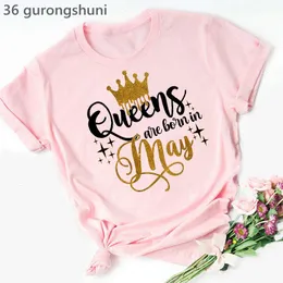 Yaz Moda Kadınlar T-Shirt Tee Altın Taç Kraliçesi Ocak-Aralık aylarında doğar Grafik Baskı Femme Doğum Günü Tops