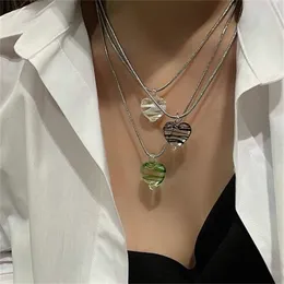 Green Black Zebra-Stripe Glass Heart Pendant Titanium Steel Chain Necklaces for Women Chokers Unusual Necklace Aesthetic Jewelry GC987