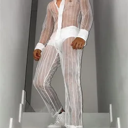 Homens de moda conjunta malha retchwork transparente lapela de lapela de calça de manga longa de roupas de rua terno de duas peças incerun 220719