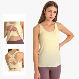 Lu Lu Lemons Cross Strap Flat L Tank Tops Yoga Shirt Blue Fashion Bortable Thin Smock Tvåbit med avtagbar bröstkudde SPOR BH Running Fiess tyg