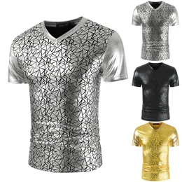 Men's T-Shirts Shiny Silver Metallic Nightclub Wear T Shirt Men 2022 Geometric Pattern Stage Prom Shirts Mens Slim Fit V Neck T-Shirt HommMe