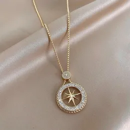 Подвесные ожерелья Dainty Zircon North Star Women Women Hip Hop Jewelry Gold Round Восьмерство заостренных чар ожерелье моды с сеть