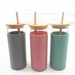 16 oz glasmugg Tumlare Juice Cup Mjölkkoppar med silikonfodral Bambu och halm Miljövänlig nyhet Vinflaska Kontorsbil Drinkwar