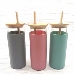 16oz Glass Mug Tumbler Juice Cup Milk Cups with Silicone Sleeve Bamboo and Straw Enviroment-Friendly Novelty Wine Bottle Office Car Drinkwar