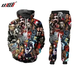 Ujwi 3d baskı takım elbise erkek setleri kafatası korku maskesi film palyaço komik harajuku kış unisex 3D eşofman ceketi tertelek zip hoodies 201118