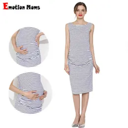 Emotion Moms Summer Pregnant Dress Sleeveless Pregnancy Clothes Casual Summer Stripe Cotton Maternity Mama Knee-length Dress G220309
