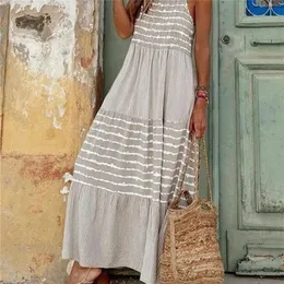 Summer Women Casual Loose Long Beach Dresses Vintage Striped Print Patchwork Maxi Female Elegant Sleeveless Straps 220613