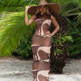 Anjamanor Sexy Chic Abstract Print Sheer Mesh Bodycon Maxi платья для женщин летние пляжные каникулы D66 BB12 220521