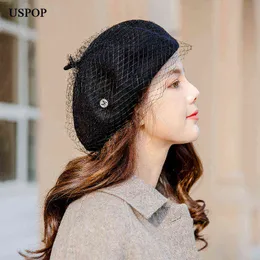 Uspop Frauen Wolle Berets Weibliche Dicke Winter Hüte Buchstabe M Mesh Garn Baskenmütze Einfarbig Vintage Warme Hat J220722