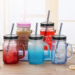 500ml Creative Gradient Color Glass Water Bottle Juice Drink Transparent with Straw Cock Cup Handle Cup Mason Cups for Adult