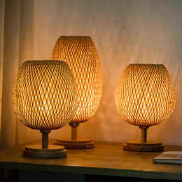 Lâmpadas de mesa vintage de bambu de bambu chinesas mesa de madeira artesanal para sala de estar decoração de quarto criativo e27 ao lado da lâmpada H220423