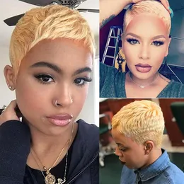 Short Pixie Cut Human Hair Wig with Bangs Highlight Honey Blonde Ombre Color Straight machine made none lace front Wigs