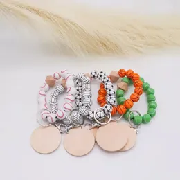 Party Favor Wooden Beads Keychain Charms Basketball Baseball Football Print Keychain For Keys Wood Wristlet Bracelet Keyring For Women Men