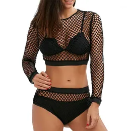 Sofkkiny Womens Sexy Elastic Fishnet Crop and calces Desen Hollow Out Beach See através do vestido de duas peças