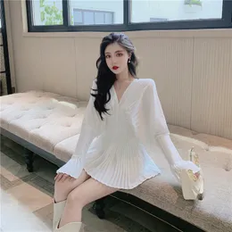 New design women's v-neck pleated flare long sleeve slim waist white color medium long blouse shirt tops