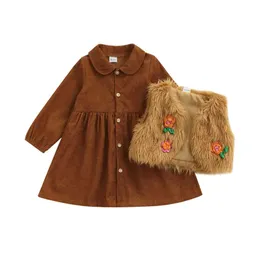 Citgeett Autumn Kids Girls Suit Set Solid Color Turn-Down Collar Long Sleeve Dress J220711