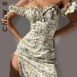 Kvinnor klär enkel smal sexig blommig av axel puffhylsa maxi mjuka kvinnliga es tryckta kvinnor vestidos 220713