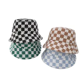 Berets Doit Spring 2022 Autumn Baby Kids Ducket Hats Cotton Checkerboard Smile Sun Cap Boy Girls Outdoor Beach Hat Hat