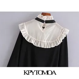 Kpytomoa Women Fashion Organza Patchwork Sweater Rushled Knitted Vintage High Collar Bow Femenina Femenina Tops Chic 201203